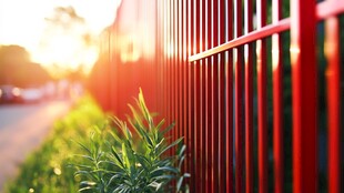 夕阳下的红栅栏与绿植