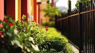 庭院绿植与围栏的静谧景致
