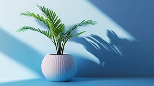 蓝调背景下的盆栽绿植