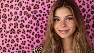 豹纹背景前的美丽微笑女孩