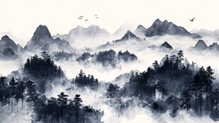 水墨山川间 飞鸟伴林影