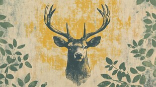 复古风鹿头与绿叶插画