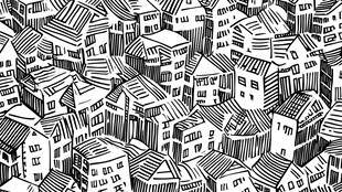 手绘黑白房屋密集景观