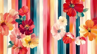 多彩条纹背景上的缤纷花卉