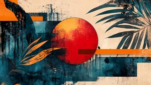 抽象落日与热带植物图景