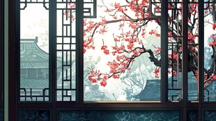 透过窗棂赏红梅古建筑