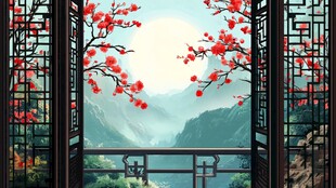 中式窗景赏红梅映山川