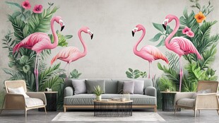 火烈鸟绿植主题客厅墙饰