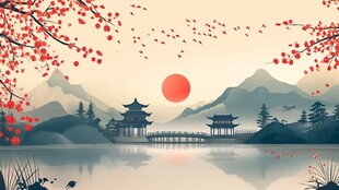 湖畔古亭映红日红梅