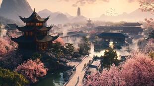 春日古风美景中的亭台楼阁