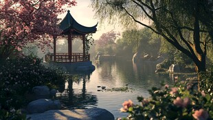 中式园林湖畔雅致亭景