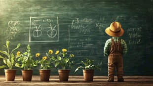 小农夫在黑板前与植物相伴