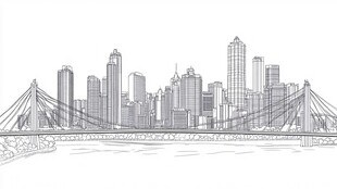 城市天际线与桥梁线条画