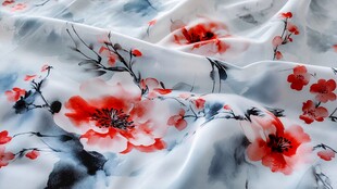 水墨红花丝绸布料