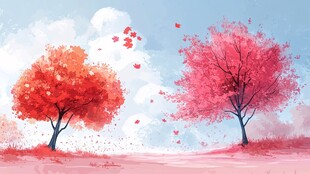 秋日浪漫双树飘叶图景