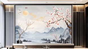 中式山水花鸟背景墙装饰