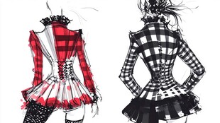 复古格纹时尚女装设计稿