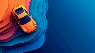 橙色跑车置于多彩波浪背景