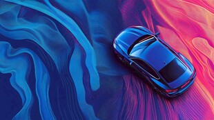 梦幻背景中的炫酷蓝色轿车