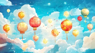 梦幻云间飘飞的多彩灯笼