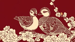 枝头双栖鸳鸯与繁花