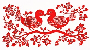 剪纸双鸟栖于繁花枝头