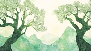 水墨风双树青山写意画