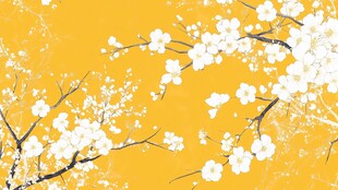 金黄背景下的素雅白梅绽放