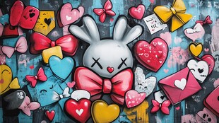 可爱兔子与多彩爱心涂鸦