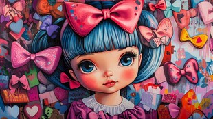 蓝发蝴蝶结萌趣女孩