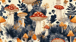 森林中的梦幻蘑菇插画