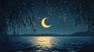 月夜湖畔垂柳星空美景