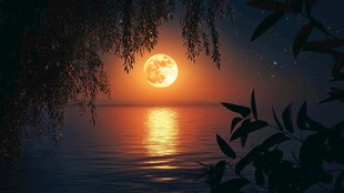 月夜湖畔垂柳映月美景