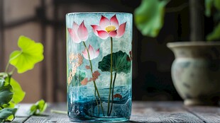 手绘荷花玻璃花瓶摆件