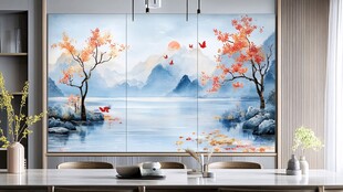 秋景山水壁画装点家居