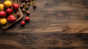 木质桌面上的多彩水果