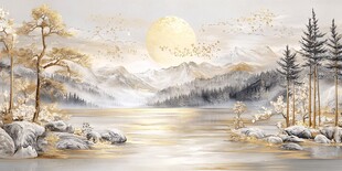 金色山水月夜静谧美景