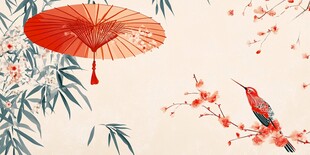 中式花鸟图 红伞翠竹与雀鸟