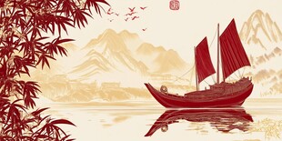 中式古风江景中的红帆船