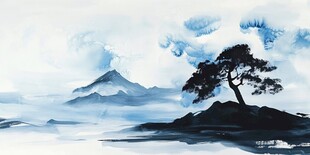 水墨孤松映远山