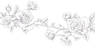 手绘玫瑰花枝线条插画