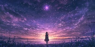 少女凝望梦幻星空夜景