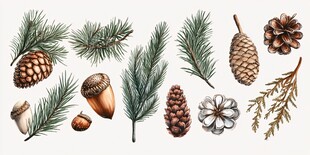 手绘松枝松果橡果等植物
