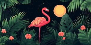 火烈鸟于热带植物间赏明月