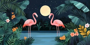 月夜下的火烈鸟与热带风光