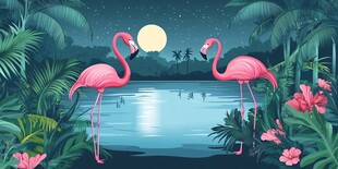 月夜下的火烈鸟与热带风光