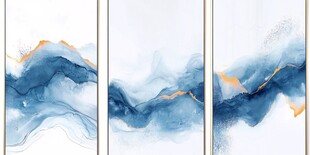 水墨蓝金山水三联装饰画