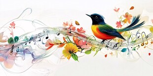 彩色小鸟栖于音乐花卉间