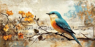 蓝鸟栖枝伴繁花与音符