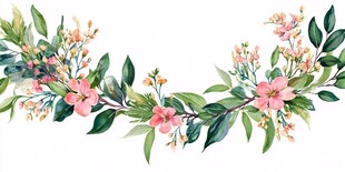 手绘粉色花卉绿叶花环
